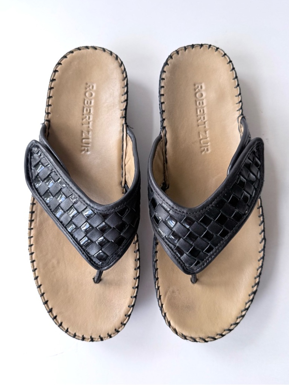 Robert Zur Lillie Black Woven Leather Adjustable Thong Sandals Size 8